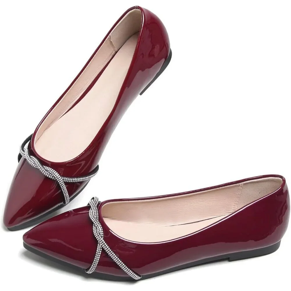 Women's Wine Red Casual Flats Fashion Chain Pointed Toe Ballet Flat Rhinestone